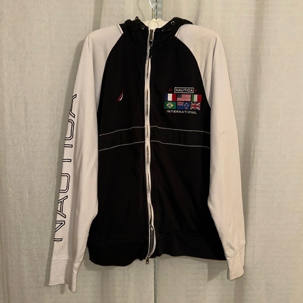 Nautica L Black White Cotton Embroidered International Flags Full Zip Hoodie